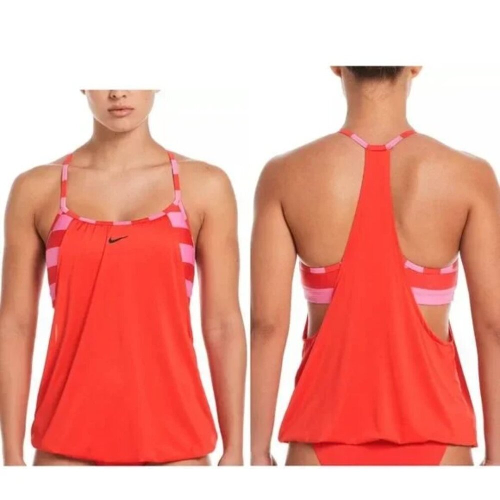 Nike Pink/Orange Striped Racerback Layered Tankini Swim Top Size Large